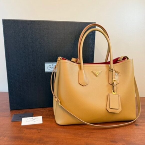 Prada Saffiano Leather Large Double Tote Carmel Red Interior Designer Bag w/ Box - Picture 8 of 11